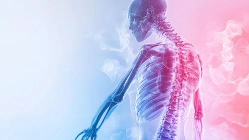 Human Skeleton X-ray Illustration with Soft Pastel Gradient Background.