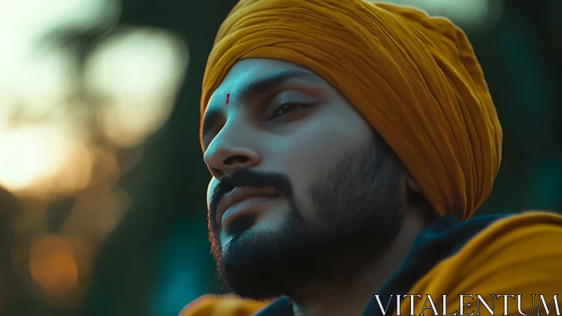 Man in yellow turban with calm expression outdoors at dusk.