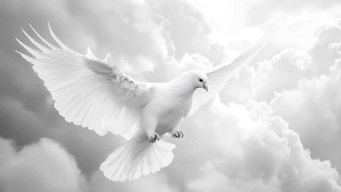 White dove flies with spread wings against soft clouds