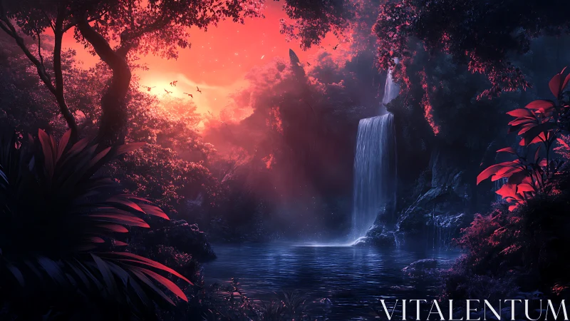 Bioluminescent jungle waterfall under crimson twilight sky