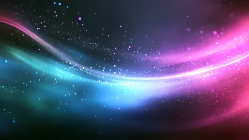 Curved neon light trails with particle field on dark gradient background