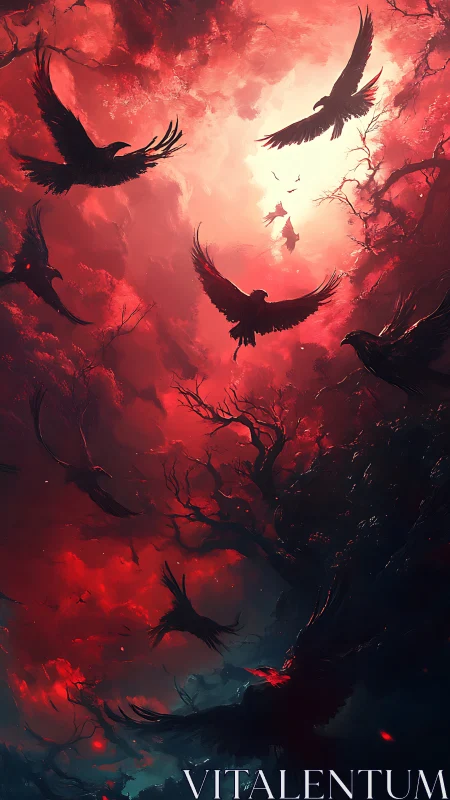 Corvid vortex ascending through crimson atmospheric aperture.