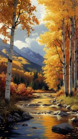 Vertical autumn river valley with luminous aspens, digital painting.