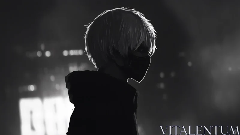 Masked white haired figure in noir cityscape silhouette.
