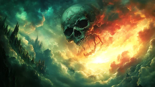 Storm-lit sky skull drifting over a surreal fiery horizon.