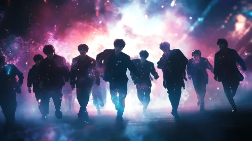 Digital painting silhouettes in cosmic gradient backlit void.