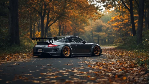 Modified sports car rests on a quiet autumn forest road.
