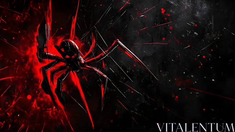 Electric red spider bursts from shadow in bold graphic style