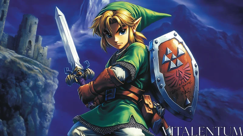 Anime swordsman with shield before stormy fantasy cliffs.