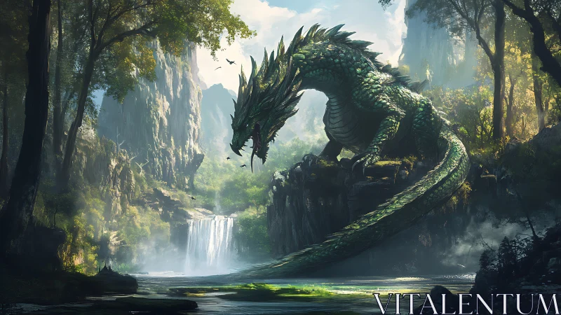 Green scaled dragon above forest waterfall in canyon basin.
