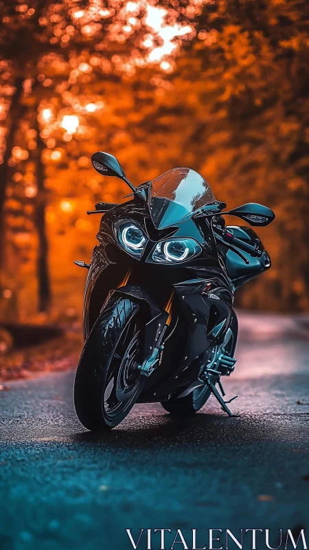 Superbike portrait on wet forest road with bokeh lighting