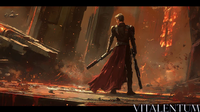 Lone warrior surveys a burning sci‑fi battlefield in ruins.