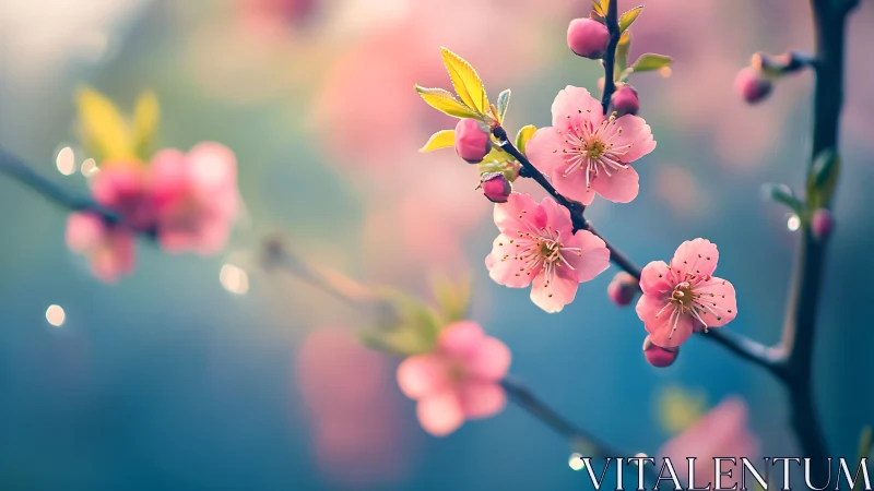 Pink Peach Blossoms Dancing in Spring Light.