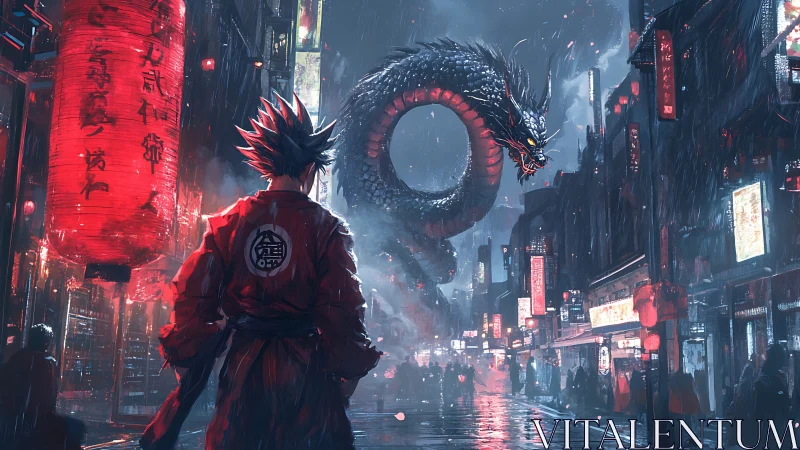 Street warrior meets neon dragon in a rain-soaked city night.