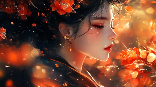 Digital painting profile portrait with fiery floral bokeh glow.