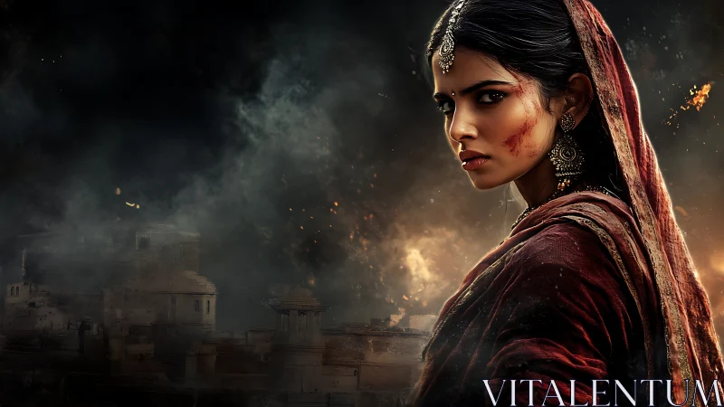 Battle-scarred warrior woman stares defiantly amid burning city