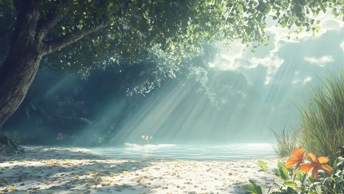 Sunlit forest lagoon glows under soft morning rays.