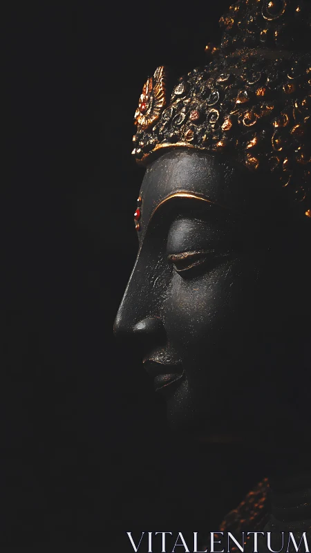 Side profile of ornate dark Buddha statue in shadow.