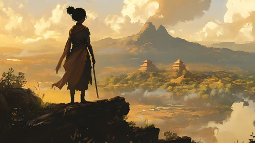 Sword-bearing wanderer overlooking sunlit pagoda valley