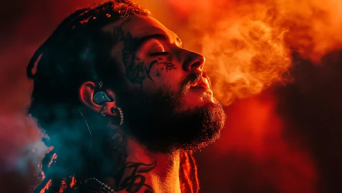 Tattooed man exhales smoke in dramatic red key lighting.