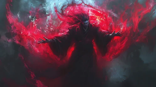Dark sorcerer unleashes crimson flames in a storm of power
