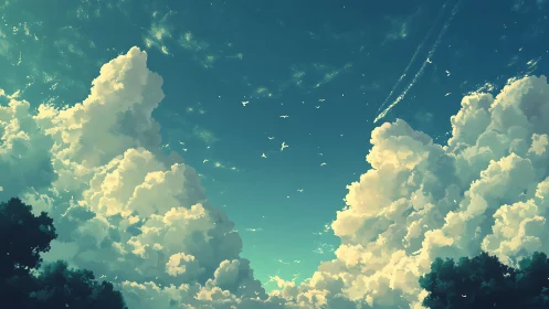 Layered cumulus clouds under deep blue daytime sky.