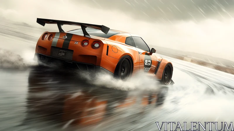 Orange Nissan GT-R drifts on wet track in dynamic motion study