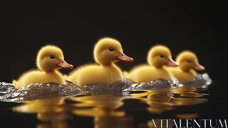 Fluffy duckling flotilla gliding through spotlighted ripples.