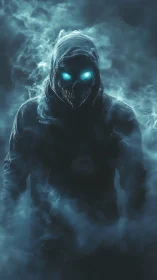Volumetric fog silhouette with spectral skull mask and cyan eyes