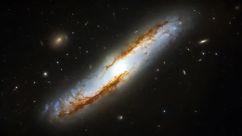 Edge-on spiral galaxy with bright core and dust lane.