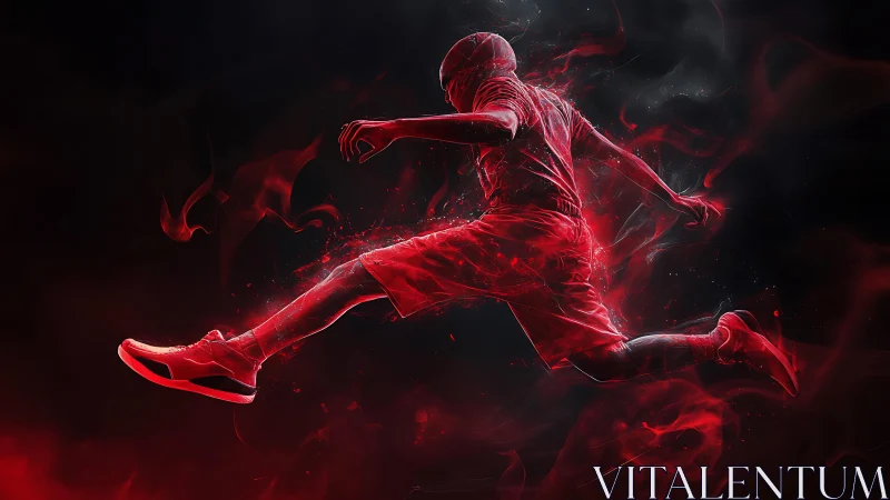 Dynamic red athlete leaping through abstract smoky space.