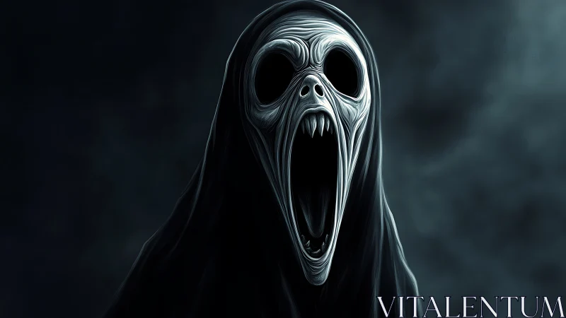 Hooded skeletal wraith screams into dark misty void