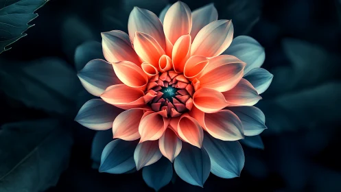 Symmetrical Dahlia Structure with Radial Petal Gradient and Volumetric Lighting