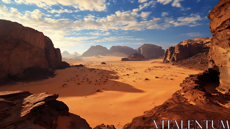 Sunlit desert valley with rocky cliffs and distant mesas.