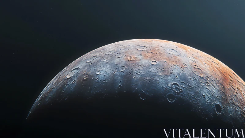 Crescent planetary horizon with cratered, color-shifted terrain.