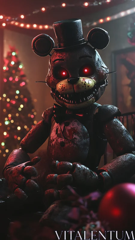 Rust-clawed Christmas animatronic bear with burning gaze.