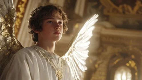 Young angelic figure glows in radiant golden cathedral light.