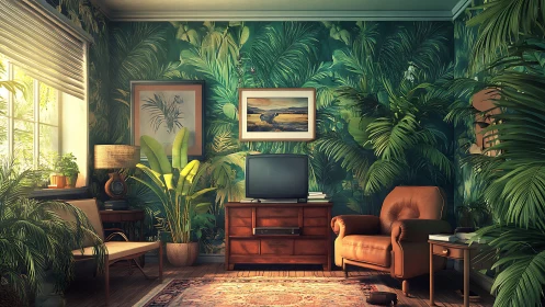 Tropical living room with lush plants and vintage TV set.