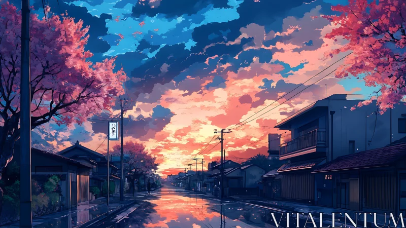 Sunset sky reflects over quiet cherry blossom street
