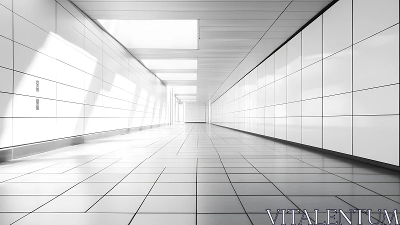 Modern architectural corridor rendered with rectilinear perspective and linear grid composition.