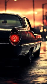 Retro tailfin sedan under wet neon dusk illumination.