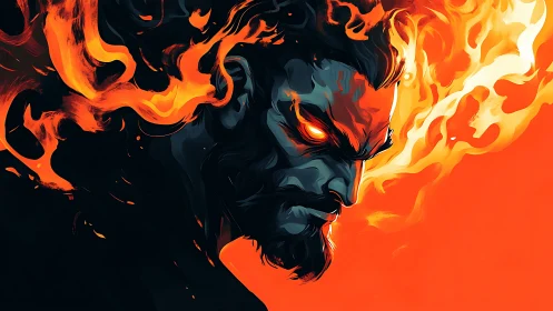 Fiery demon portrait with glowing eyes in bold flames.
