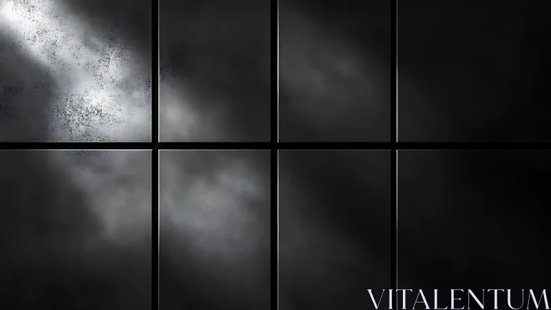 Dark reflective grid of eight rectangular metallic panels.