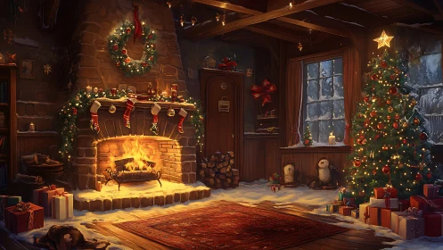 Digitally rendered Christmas hearth with illuminated tree interior.
