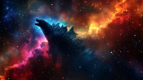 Silhouetted reptilian figure against multicolored nebula field.