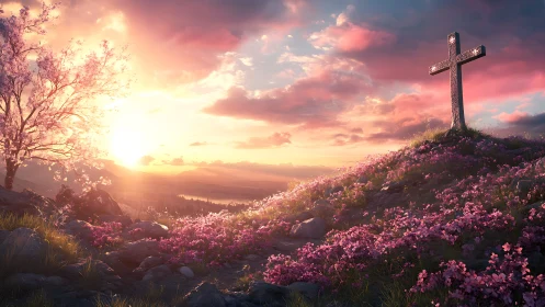 Sunlit cross overlooks blooming hillside at tranquil sunrise.