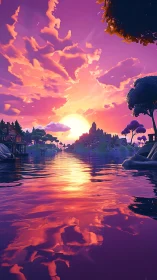 Dreamy lakeside sunset glowing over a peaceful village.