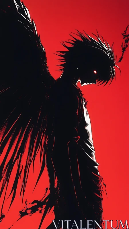 Shadowed winged figure stands boldly against crimson sky