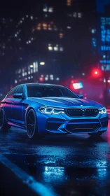 Electric blue sports sedan glows on a rain-soaked city street