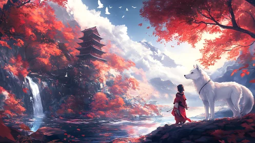 Child and white wolf beside river in red forest landscape.